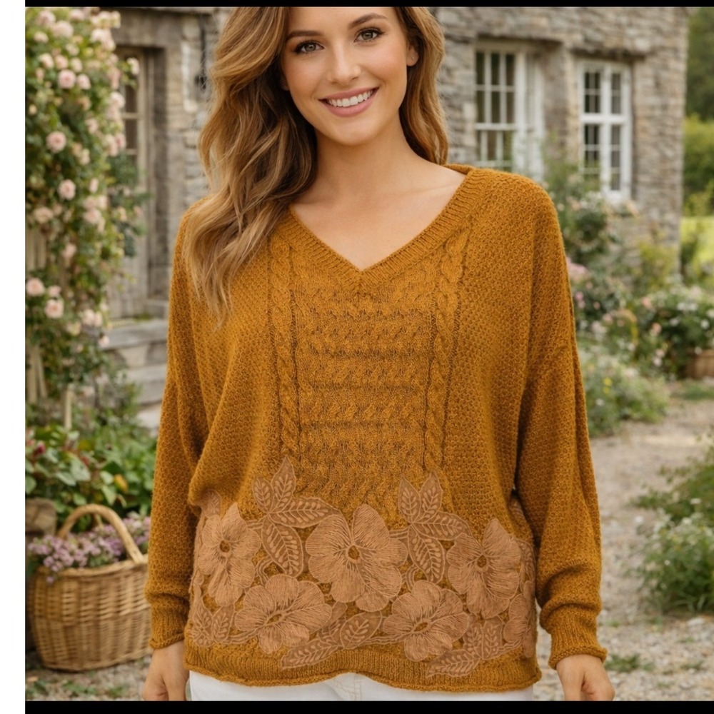 Umgee Gold mustard small floral embroidered women knit sweater boho cozy cottage